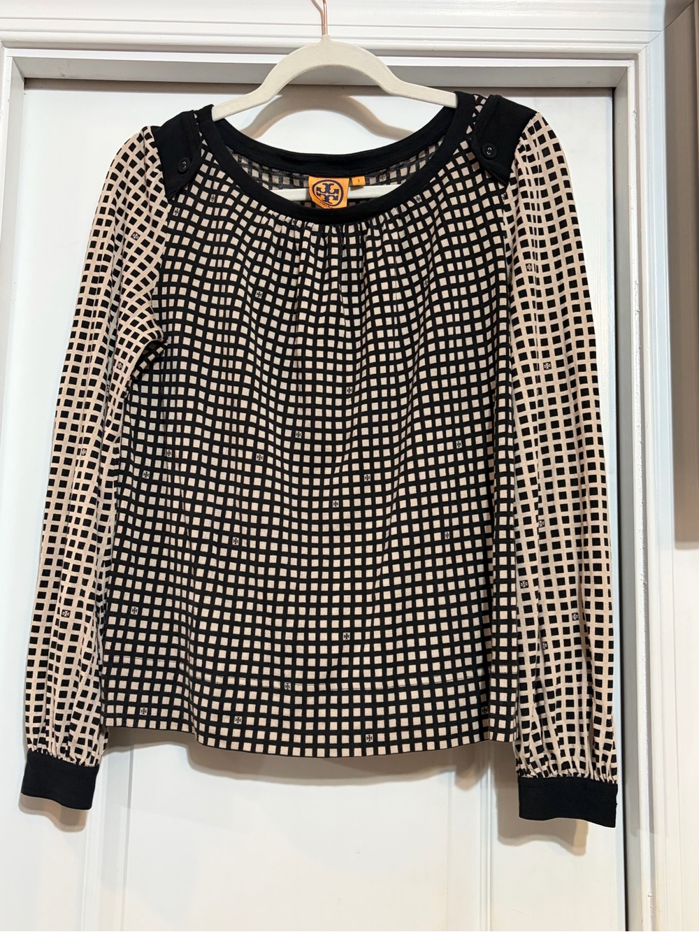 Tory Burch Black and Cream Grid-Print Long Sleeve Blouse
